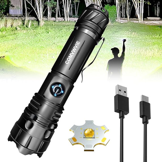 Flashlights Rechargeable High Lumens LED Tactical Flashlight NIGHT Turns Into DAY , High Powered Handheld Flashlights,5 Modes Zoomable Waterproof Flash lights for Emergencies Camping Hiking Gift
