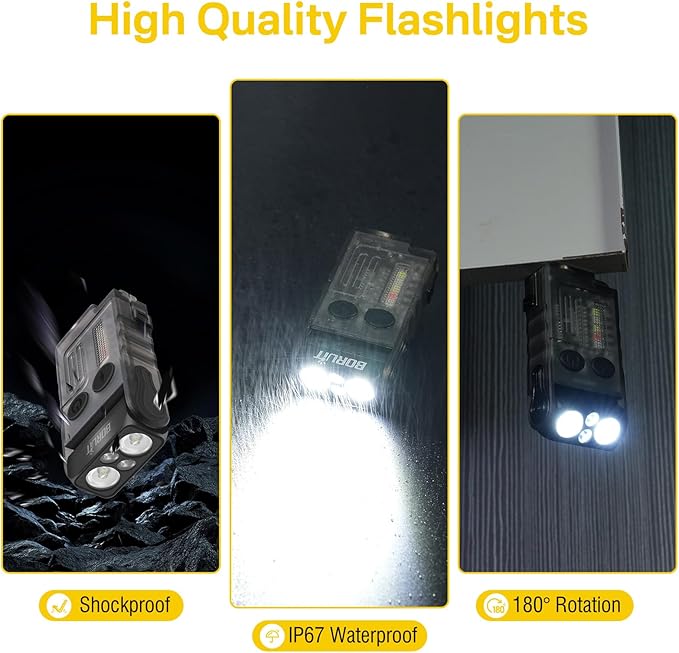 BORUIT V20 LED Small Powerful EDC Flashlight with 365nm UV Light,180°Head Swivels,USB C Rechargeable 1000 LM Mini Pocket Keychain Flash Light with Clip-13 Mode,IP67,Magnetic,110DB Buzzer(Black)