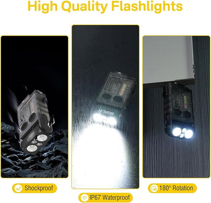BORUIT V20 LED Small Powerful EDC Flashlight with 365nm UV Light,180°Head Swivels,USB C Rechargeable 1000 LM Mini Pocket Keychain Flash Light with Clip-13 Mode,IP67,Magnetic,110DB Buzzer(Black)