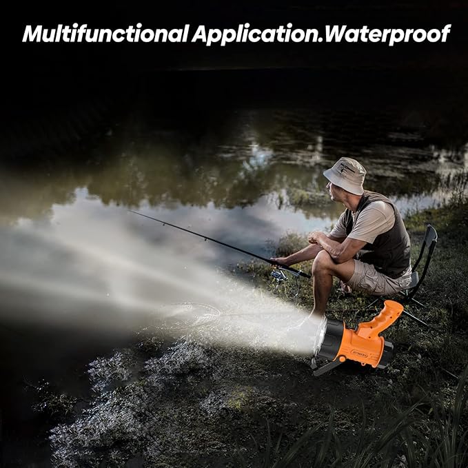YIERBLUE Rechargeable Spotlight, Waterproof Handheld Flashlight, 200000 Lumens LED, 10000mAh Battery, IP67 Waterproof, 3 Adaptable Settings, 18W USB-C Port