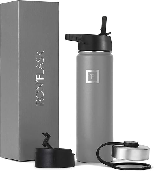 IRON °FLASK Sports Water Bottle - Wide Mouth with 3 Straw Lids - Stainless Steel Gym & Outdoor Bottles for Men, Women & Kids - Double Walled, Insulated Thermos, Metal Canteen - Graphite, 22 Oz