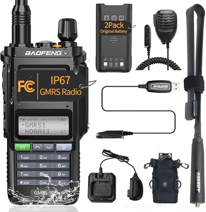 Baofeng GMRS-9R GMRS Radio Waterproof IP67 Two Way Radios Rechargeable Walkie Talkies Long Range NOAA Weather Alerts Scan With extra Battery,Programming Cable,Tactical Antenna,Speaker Mic,Tactical Bag
