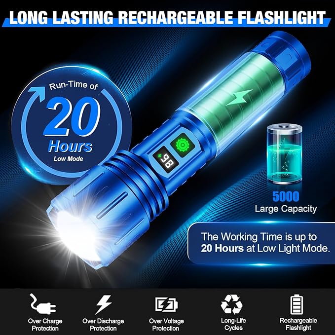 Flashlights High Lumens Rechargeable, 100000 Lumens Super Bright LED Powerful Flashlight, Type-C, 5 Modes, Zoomable, IPX5 Waterproof High Powered Tactical Flash Light for Emergency Camping,Blue