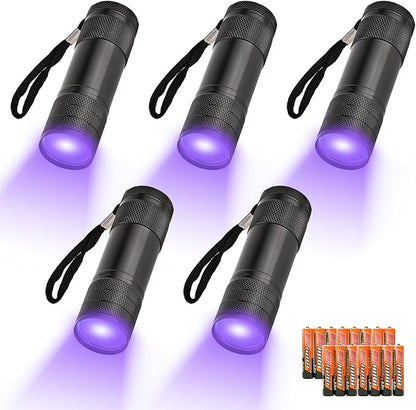 5 Pcs UV Black Light Flashlights Bulk, 9 Led 395-400nm Mini Blacklight Handheld Portable Torch Pet Urine Detector for Bed Bug, Hair, Dog Cat Urine and Stains Batteries Included