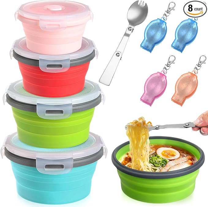 4 Set Camping Bowl with Lid Collapsible Silicone Bowl with Foldable Stainless Steel Fork Salad Bowl Portable Folding Fork Set for Travel Picnic Camping Utensils