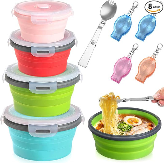 4 Set Camping Bowl with Lid Collapsible Silicone Bowl with Foldable Stainless Steel Fork Salad Bowl Portable Folding Fork Set for Travel Picnic Camping Utensils