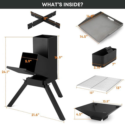 Stanbroil 3 in 1 Rocket Stoves with Grill Rack, Griddle and Pot Cooking Stand, Heavy Duty Wood Burning Stoves for Cooking, Camping wood Stove Kit for Off-Grid Supply, Outdoor Grilling Cooking Event