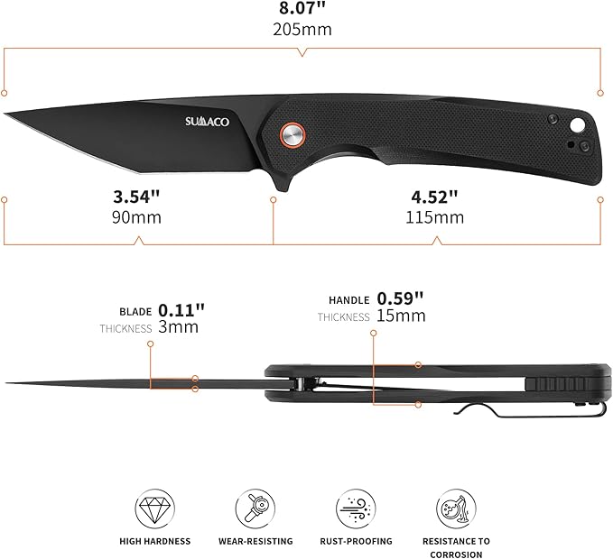 Everyday Carry EDC Knife, Safety Liner-Lock Practical Pocket Knife, D2 Steel G10 Lightweight Handle, Outdoor Camping tactical Knives, Black, Folding 3.54in