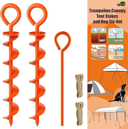 Eurmax USA Canopy Tent Stakes Dog Tie Out Stakes Corkscrew Shape Steel Trampoline Stakes with Iron Rod Installation Tool & 2 Wind Ropes - Set of 2 (Orange)