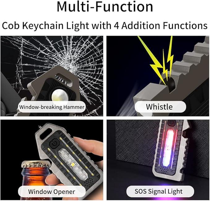 Cob Mini Flashlight Keychain Light, 500 Lumens Bright Rechargeable, Small Multi-Function Work Light, 5 Modes Pocket Light Battery Display Bottle Opener Whistle for Camping