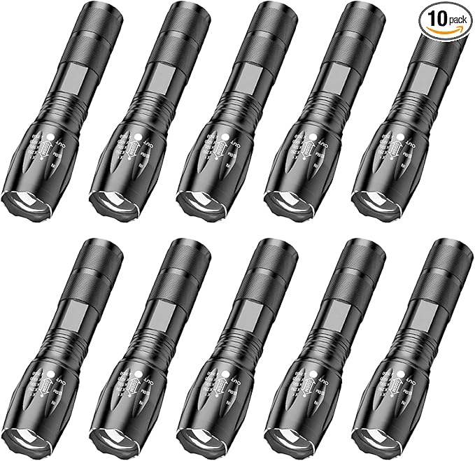 Tactical Flashlights 10 Pack, Bright Zoomable LED Flashlights with High Lumens and 5 Modes, Waterproof Portable Pocket Flash Light for Emergency, Camping, and Outdoor Use