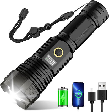 Flashlights High Lumens Rechargeable, 990,000 Lumens Super Bright Flashlight with LCD Digital Display, Zoom, 5 Modes, IPX7 Waterproof, Powerful Tactical Flashlight for Emergencies, Camping