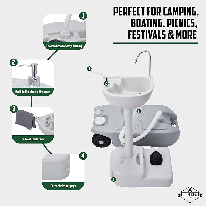 Hike Crew Portable Camping Sink & Waste Tank | Large Outdoor Hand Washing Station with 4.5 Gal Capacity, Hands-Free Foot Pump, Faucet, Soap Dispenser & Towel Rack | includes 10 Gal Travel Waste Tank