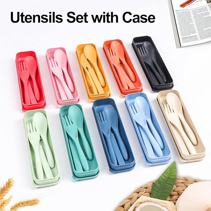 Reusable Travel Utensils Set with Case, 6 Sets Wheat Straw Portable Plastic Fork Spoons Knife Camping Cutlery, Eco-Friendly BPA Free Lunch Tableware Travel Picnic Utensils for Kids Adults Daily Use