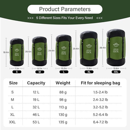 Compression Sack, 12L/19L/32L/46L/53L Water-Resistant Sleeping Bag Stuff Sack,Anti-Tear Ultra Light 400T 20D Nylon Storage Bag,Space Saving Gear for Camping Hiking Travel 1Pcs