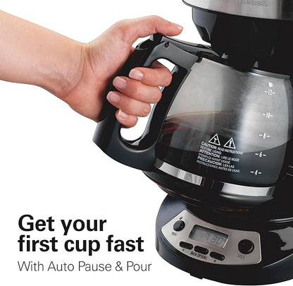 Hamilton Beach 12 Cup Programmable Drip Coffee Maker, Brew Options, Glass Carafe (46299), Black with Stainless Accents