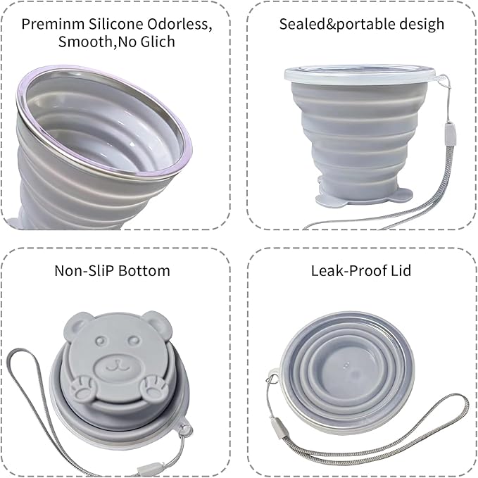 2 Pcs Collapsible Cup, Silicone Collapsible Travel Cup, Expandable Folding Camping Drinking Cup with Lids Reusable Small Portable Mugs Cup for Travel, Camping, Hiking,Outdoor Sports (Gray&Pink)