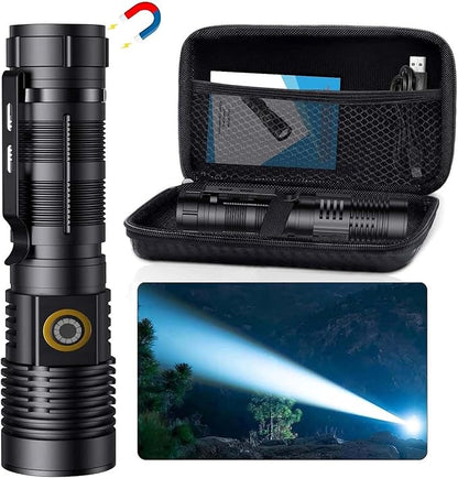 Small Tactical Flashlights 20000 High Lumens - 1500 Meters Long Beam Super Bright LED Magnetic Flashlight USB Rechargeable Zoomable 5Modes Long Beam Spotlight Flashlight for Hiking, Camping, 1pcs