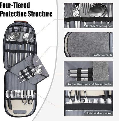 Extremus 27 Pcs Camp Kitchen Cooking Utensil Set Cookware Kit - Travel Organizer Grill Accessories Portable Compact Gear for Backpacking BBQ, Dark Gray Camo