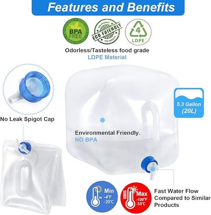 Collapsible Water Container with Spigot, BPA Free Water Storage Jug Water Canteen for Outdoor Camping Hiking & Emergency Survival Kit, Foldable Portable