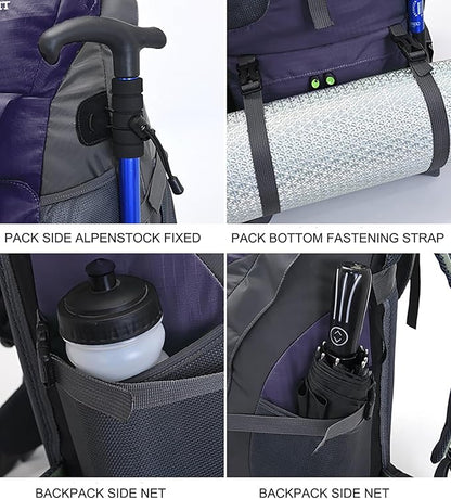 Bseash 50L Hiking Backpack, Water Resistant Lightweight Outdoor Sport Daypack Travel Bag for Camping Climbing Touring (Dark Purple - With Shoe Compartment)
