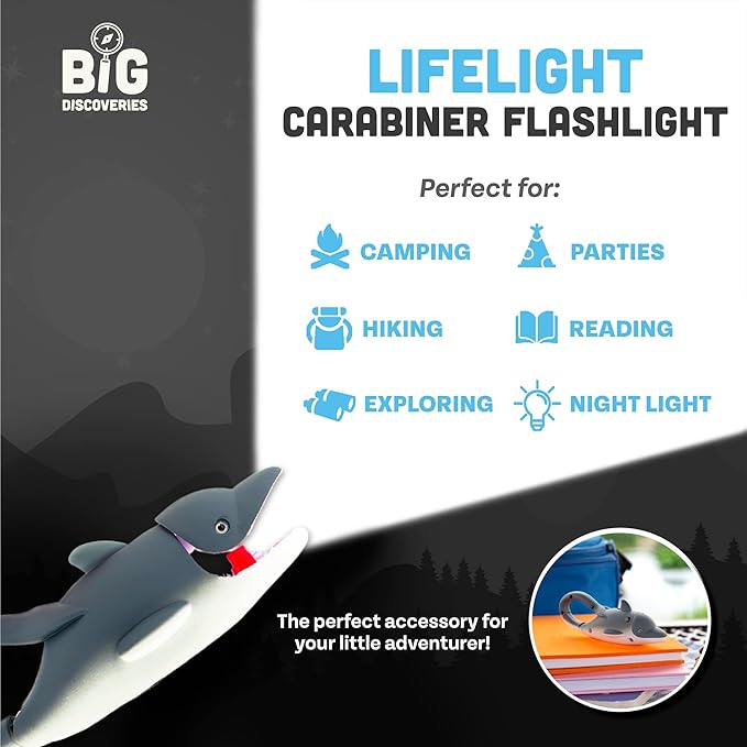 Sun Company Big Discoveries LifeLight Animal Carabiner Flashlight – Fun Mini Animal Keychain Flash Lights for Kids, Adults, Nurses (Dolphin)