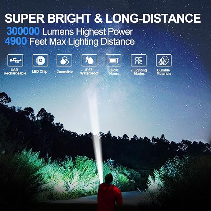 Flashlights High Lumens Rechargeable,300000 Lumens Super Bright Flashlights, 7 Modes with COB Work Light, Zoomable, IP67 Waterproof Flash Light with Cases for Emergency Camping
