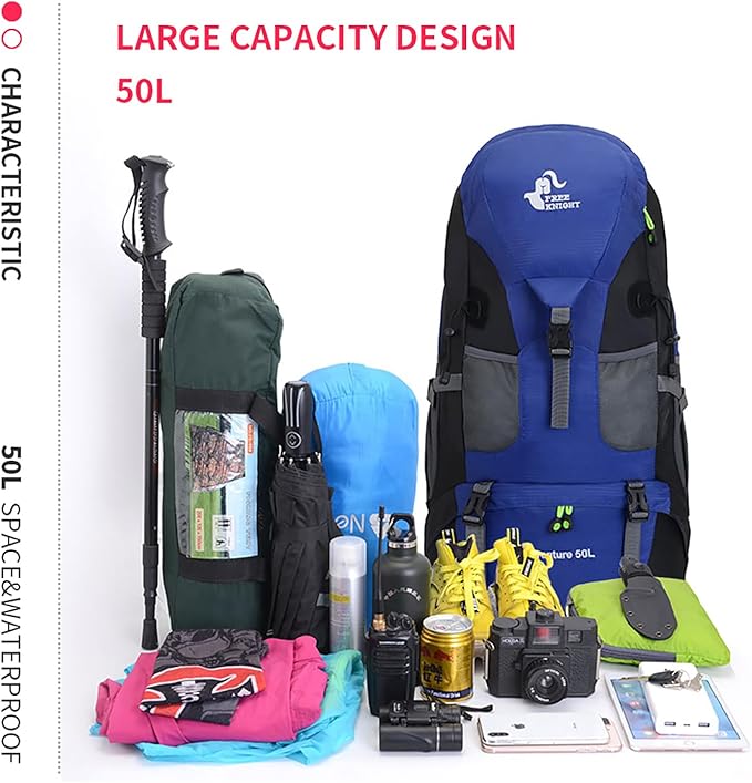 Bseash 50L Hiking Backpack, Water Resistant Lightweight Outdoor Sport Daypack Travel Bag for Camping Climbing Touring (Blue - No Shoe Compartment)