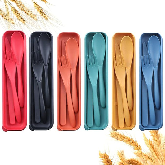 Reusable Travel Utensils Set with Case, 6 Sets Wheat Straw Portable Plastic Fork Spoons Knife Camping Cutlery, Eco-Friendly BPA Free Lunch Tableware Travel Picnic Utensils for Kids Adults Daily Use