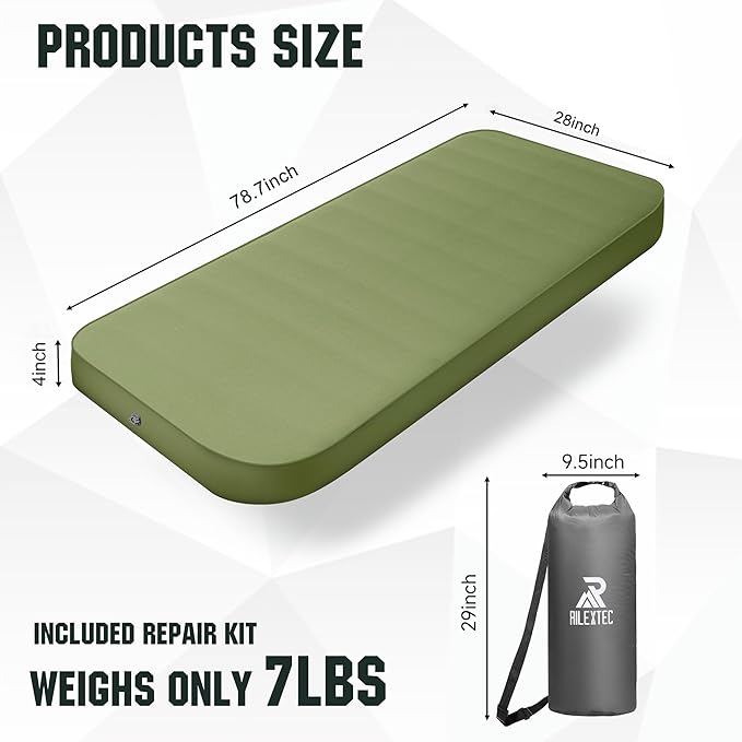 Riextec Self Inflating Sleeping Pad, Camping Mattress with Pump Sack, Memory Foam Camping Pad for Sleeping, 4” Thickness Sleeping Mat for Camping/Travel/Car/Tent, 4 Season Camp Air Mattress,Single