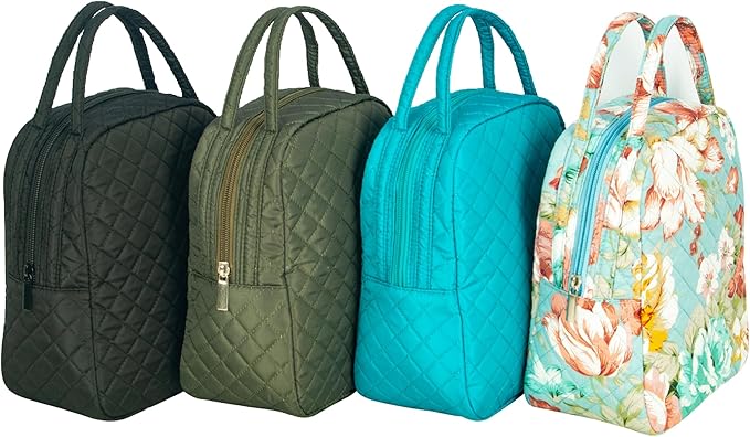 Machine Washable Women Quilted Fabric Insulated Reusable Cooler Lunch Bag Tote Adult Thermal Lunch Box Storage Bag for Ｗork (Green)