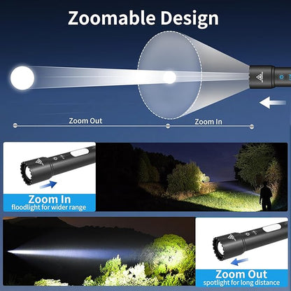 LED Flashlight Rechargeable, High Lumens Small Tactical Flash Light with COB Sidelight & Hook, Powerful Zoomable Handheld Flashlights for Camping, Dog Walking, Hiking, Emergencies, Home