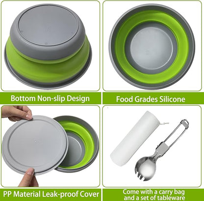 RMAMSCOV Camping Bowl, 3 PCS Food Grade Silicone Collapsible Bowl Lunch Box Salad Bowl with Lid, Expandable Food Storage Containers Set with Free folding tableware and storage bag (Green-600ml)