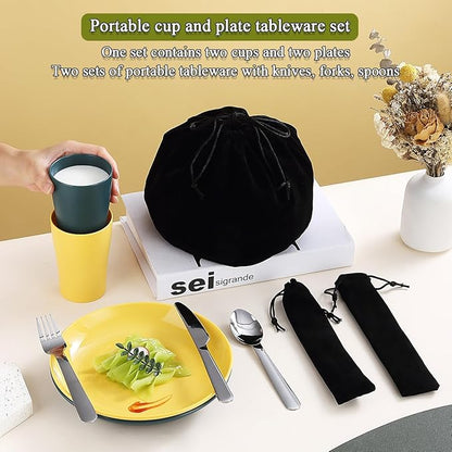 Camping Utensils Mess Kit, Including Camping Spoon, Fork, Knife, Plate and Cup Packed in a Portable Bag, Easy to Carry, Dishwasher Safe
