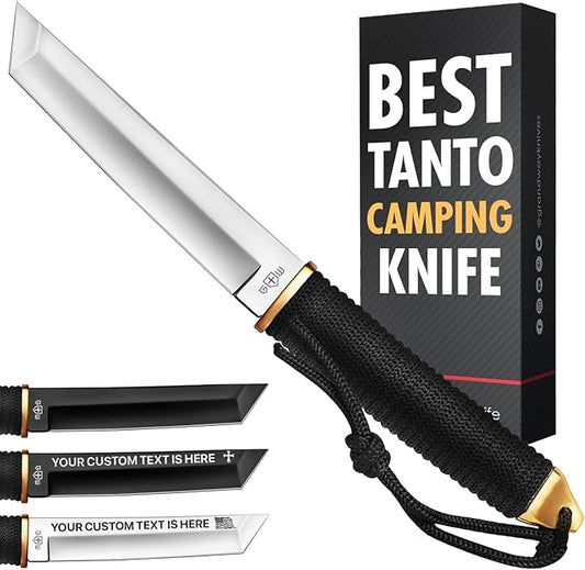 Tanto Camping Knife with Sheath - 3+ Colors - 5.9" Fixed Full Tang Mirror Polished Blade - Cool Survival Knives with Black Paracord Handle - Tactical Work Knives for Hunting Hiking EDC 2307 Silver