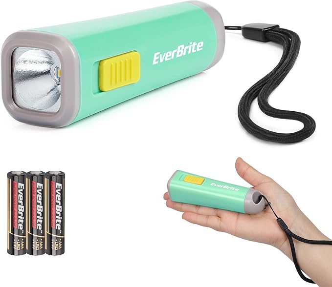 EverBrite Kids Flashlight, Mini LED Flashlight, Plastic Torch Use for Emergencies, Camping, Outdoor with Lanyard 3AAA Battery Included, Green