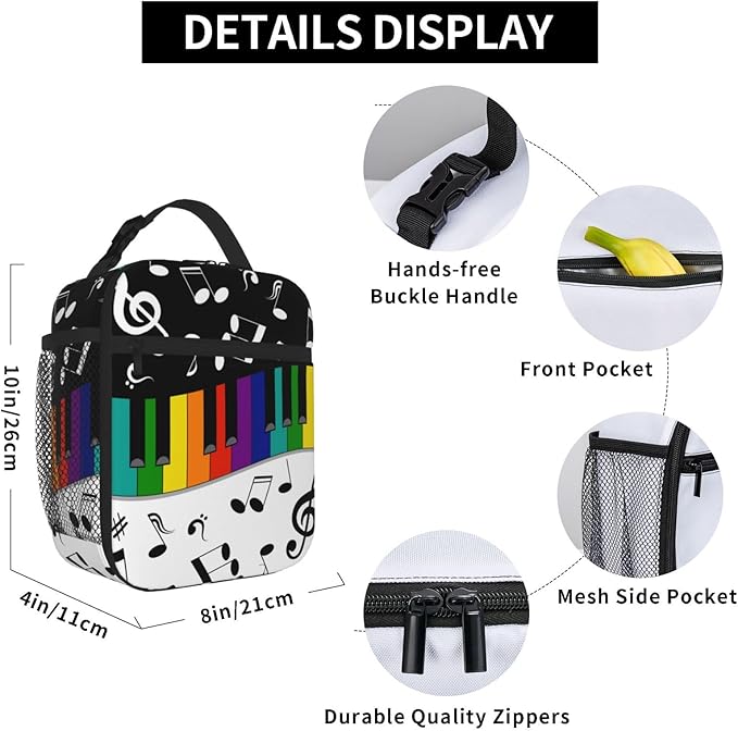 Musical Note Rainbow Key Music Insulated Lunch Bag Reusable Cooler Lunch Box Portable Leakproof Thermal Container Tote Bags for Girls Boys School Travel
