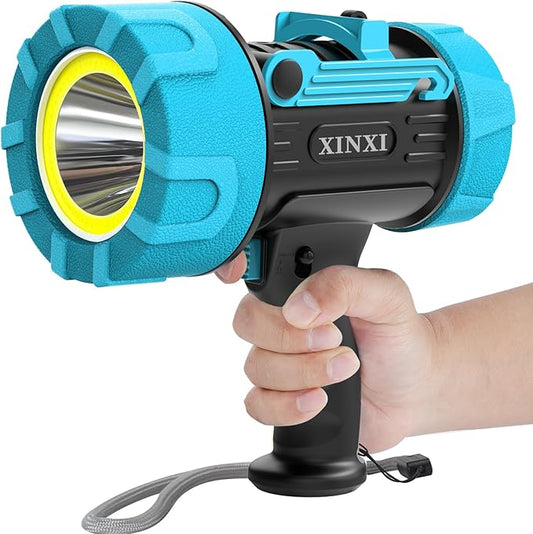 XINXI 1000,000 Lumens Rechargeable Spotlight with COB Floodlight, 6 Light Modes and USB Charger for Hiking, Boating, Hunting, IP67 Waterproof Handheld Flashlight with red Filter(BLUE)