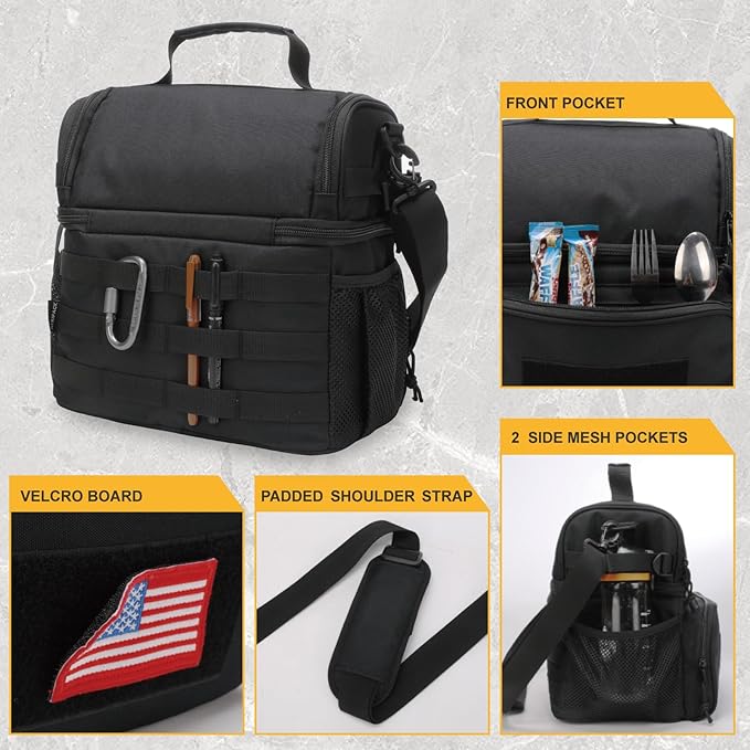 ATRIPACK 2 Compartment Lunch Bag for Men Adult, Tactical Lunch Box Leakproof Insulated Large Cooler Bag for Work with Adjustable Shoulder Strap Flag Double Layer Lunch Pail（Black）