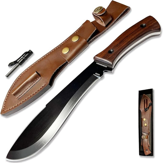 13.6" Full-Tang Hunting, Survival, Camping & Mountaineering Kukri Knife, Featuring Arced Blade, Rust Protection Coating, Ebony Grip and Leather Holster