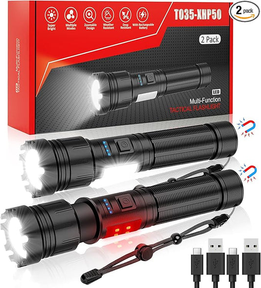 Magnetic Flashlight Rechargeable, 10000 High Lumens Super Bright Small LED Pocket Flashlights with COB Side Light, Type C, Zoomable, 7 Modes, IPX7 Waterproof Best Tactical Flashlights for Camping