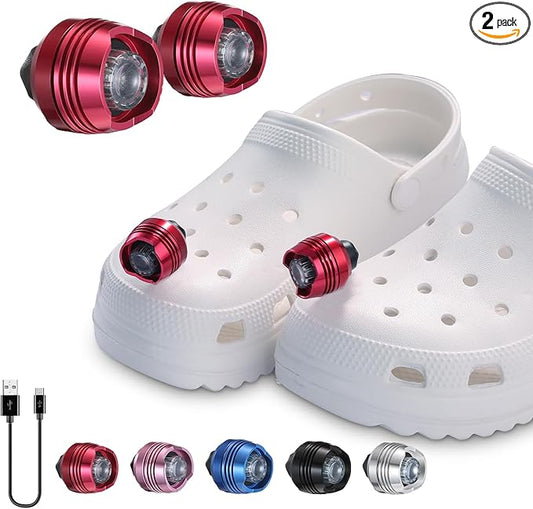 RAHAN Rechargeable Headlights for Croc 2pcs,Flashlights Attachment for Crocs, LED Shoes Light with 3 Light Modes for Dog Walking, Camping, Running, Suitable for Adults Kids, Red
