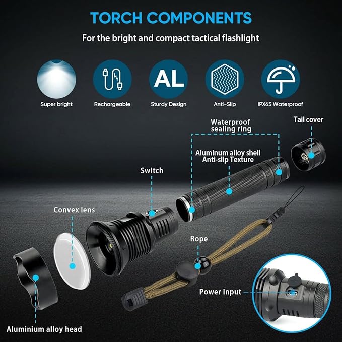 Led Flashlights High Lumens Rechargeable — 990,000 LM Led Flashlight Rechargeable, Super Bright Flashlight Rechargeable Flashlights, Powerful Flashlights for Emergencies Camping Hiking Gift