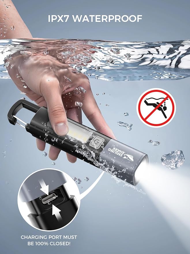 Smiling Shark LED Flashlight, G1 Flash Light Black 3 Modes Zoomable Focus White Sidelight Waterproof Powerful Super Bright EDC Torch Light Outdoor Emergency,Mini-Rechargeable-LED-Flashlight-Camping