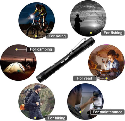 Pen Light Flashlight, 2-Pack B16 LED Pocket PenLight with Clip, 3 Lighting Modes, Small, Mini, Waterproof, Great for Camping, Work, Repair, Emergency (4 × AAA Battery Included)