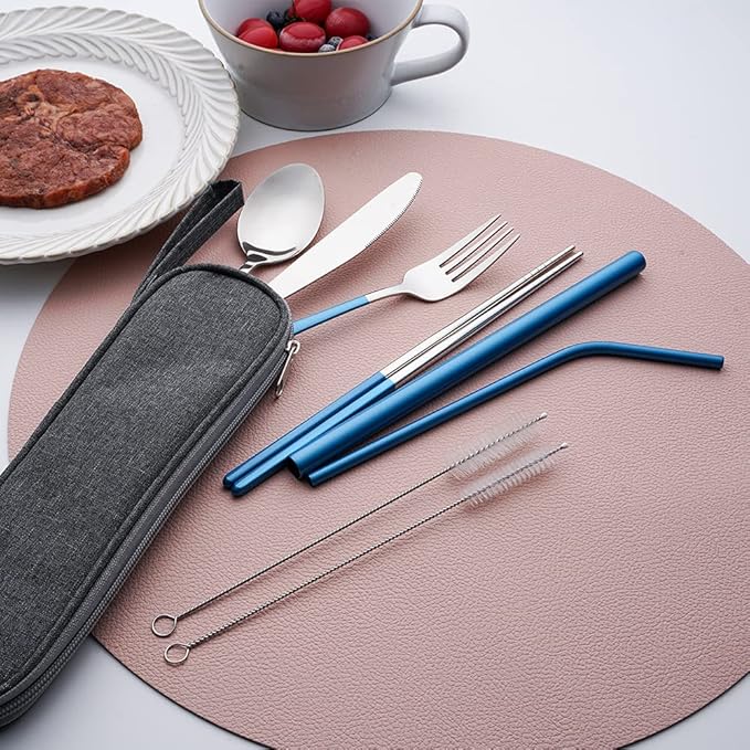 Travel Utensils with Case，Reusable Travel Cutlery Set with Case Stainless Steel Flatware Set for Camping 8pcs Including Dinner Knife Fork Spoon Chopsticks Boba Straw (Shining Blue)
