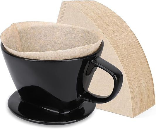 Segarty Pour Over Coffee Dripper Set, Single Cup Black Ceramic Coffee Maker with 200PCS Size #2 Cone Coffee Filter Paper, Slow Brewed Drip Pourover Coffee Brewer for Home Office Travel Camping