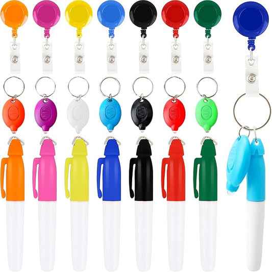 24 Pcs Mini LED Keychain Flashlights Permanent Marking Pens Badge Reel Mini LED Keychain Black Keychain Marker Pen
