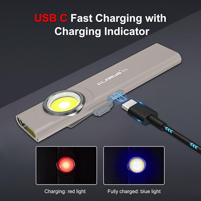 klarus E5 Pocket Flashlight, Rechargeable EDC Flashlight, Super Slim Flat 4.2x1x0.3inch, 470 Lumens, USB-C Port, IPX4, Dual Light Source with Magnetic Base, Hat & Clothes Clip - Grey