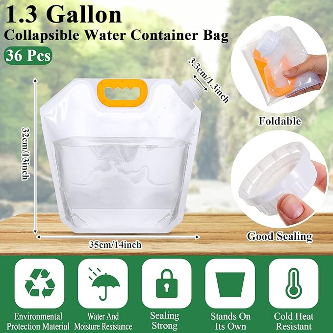 36 Pcs 1.3 Gallon Collapsible Water Storage Bag Emergency Jug Container Water Bladder Clear Plastic Storage Pouch for Outdoor Sport Camping Hiking Backpack No leak, Freezable, Odorless, Flat Folding